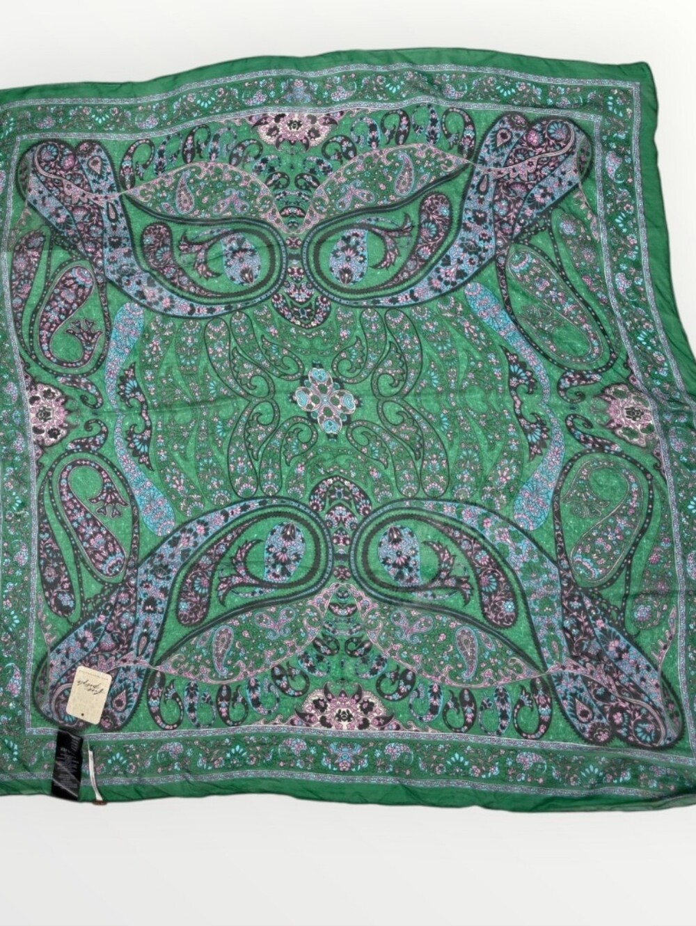 Free People So Silk Printed Bandana Scarf Dark Green Paisley 100% Silk NWT - Picture 2 of 6